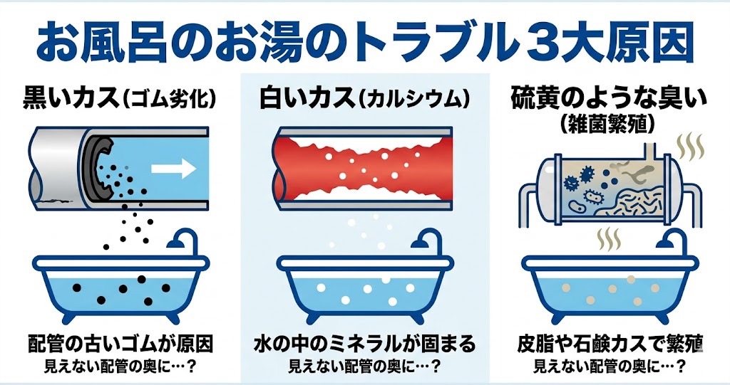 エコキュートのお湯が臭い原因と黒いカス・白いカスの正体