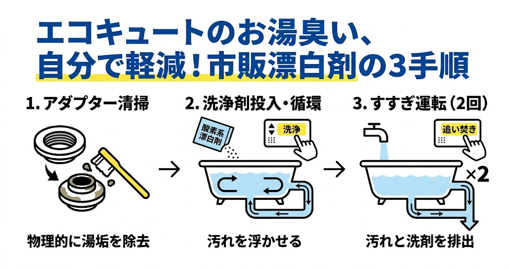 市販酸素系漂白剤を用いてエコキュート由来のお湯臭いを軽減する3つの手順