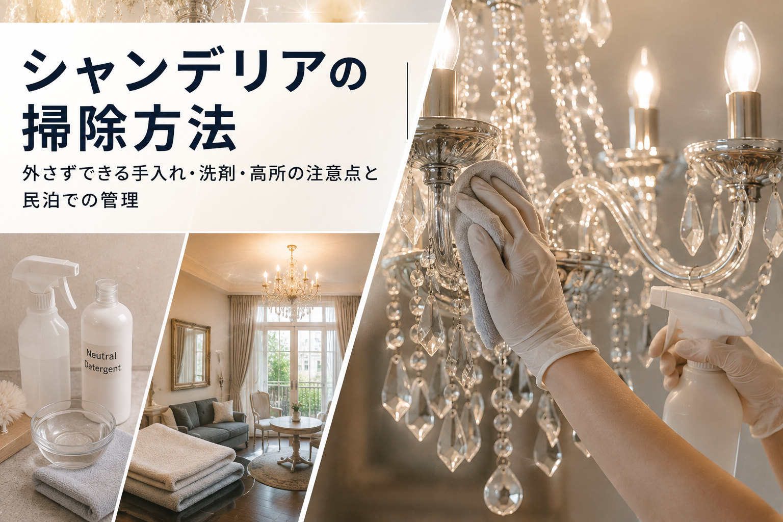 シャンデリアの掃除方法｜外さずできる手入れ・洗剤・高所の注意点と民泊での管理