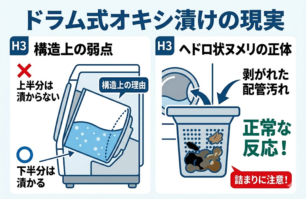 ドラム式のオキシ漬け｜効果の限界と「ヌメリ」の正体